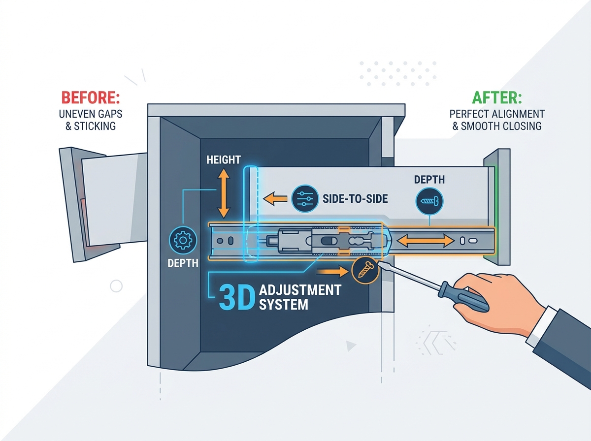 3D adjustable undermount drawer slides installation and adjustment