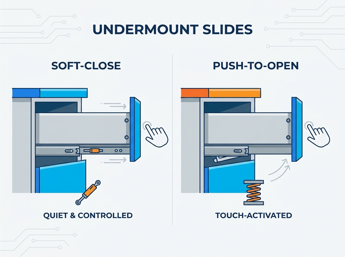 Push-to-open undermount slides installation